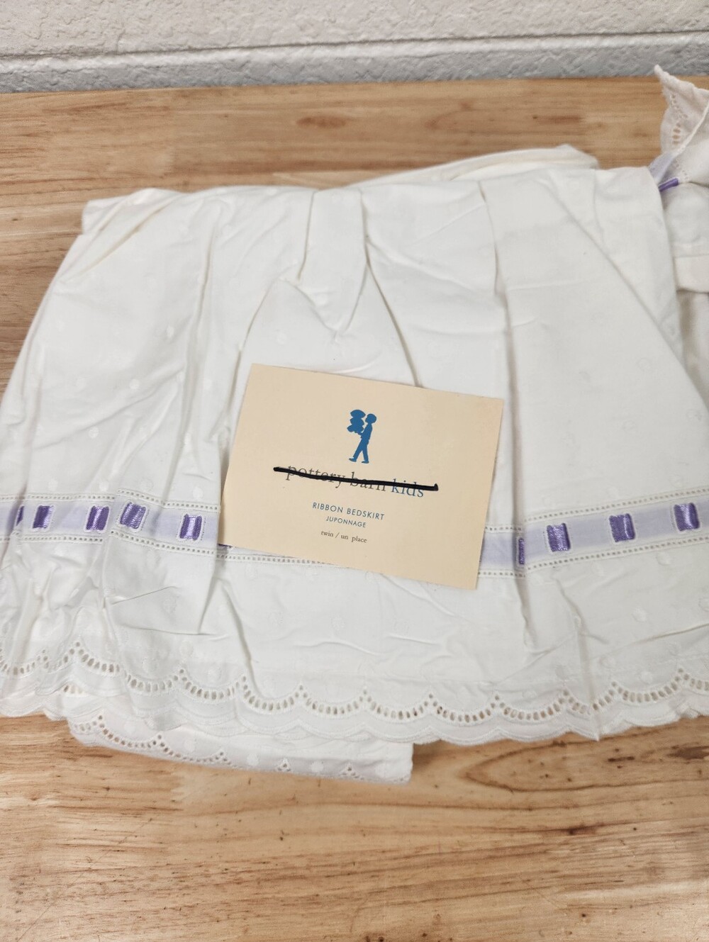 Pottery Barn Kids White Twin Bed Skirt New 13" Drop Cotton Swiss Dot Ribbon NOS